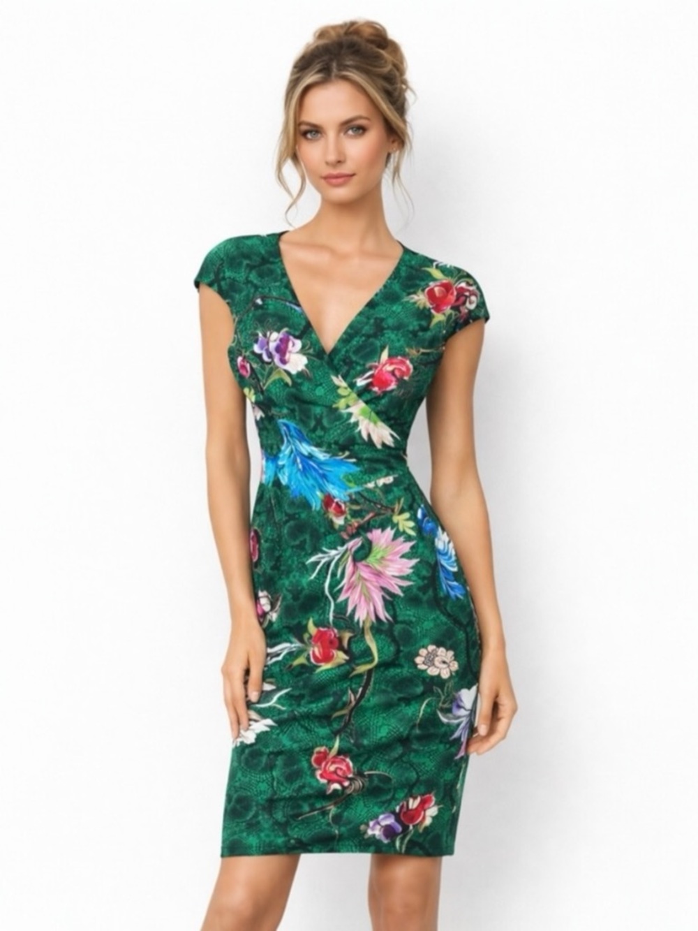 Roberto Cavalli Green Snake Print Floral Bodycon Dress IT 38 US XS 2 Stretch